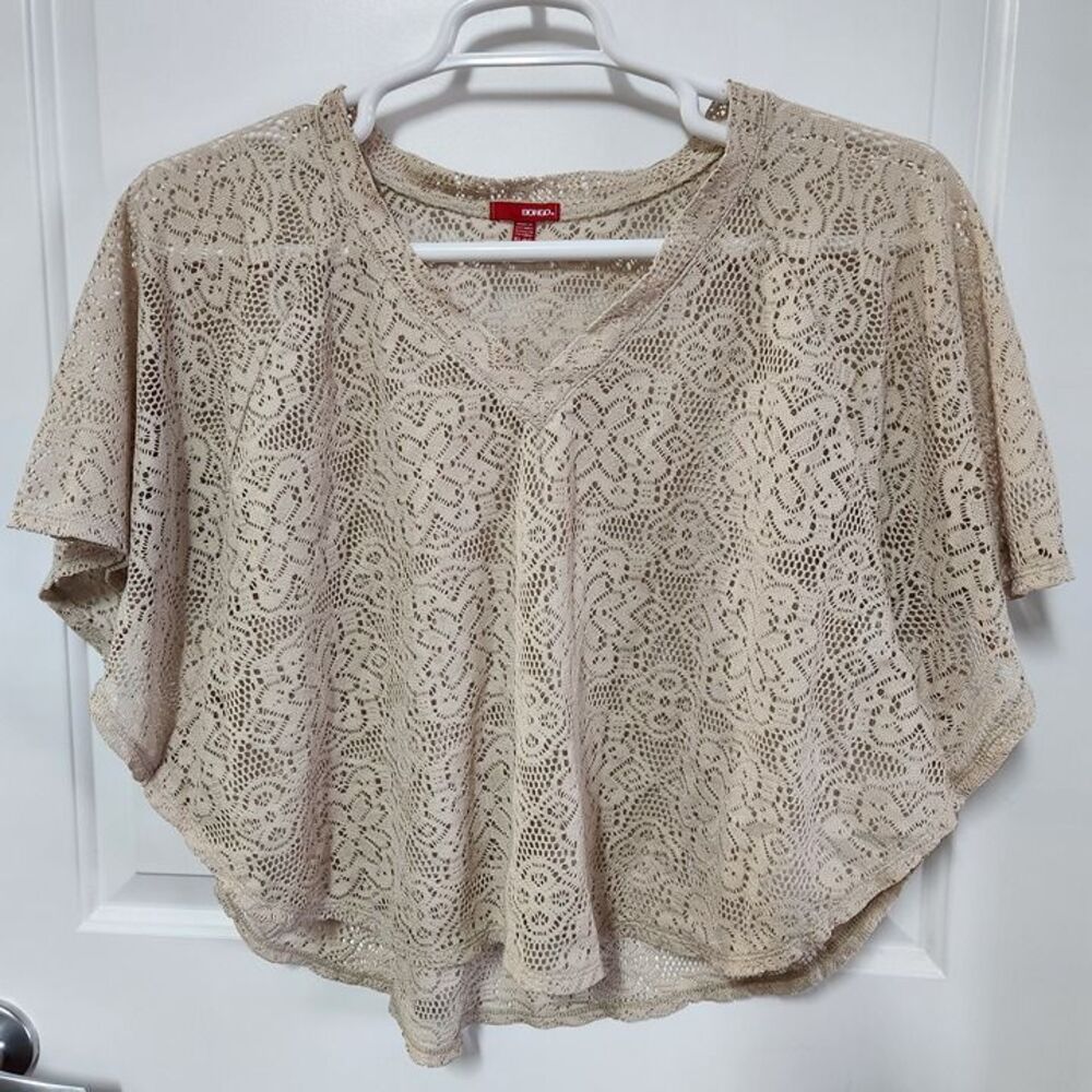 Bongo Women's XL Tan Lace Knit Shrug Sweater V-Neck Front Crochet Boho Cardigan